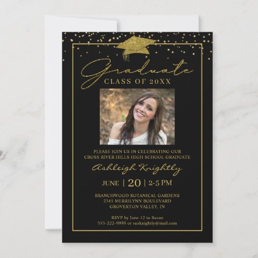 Black Gold Confetti Script Photo Afstuderen Kaart (Voorkant)