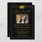 Black Gold Confetti Script Photo Afstuderen Kaart (Voorkant / Achterkant)