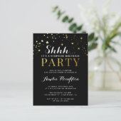 Black & Gold Confetti Shhh... Verrassingsfeest Uitnodiging Briefkaart (Staand voorkant)