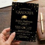 Black Gold Confetti Stippen Afstuderen Graduparty Kaart