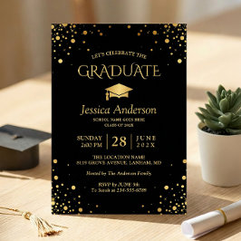 Black Gold Confetti Stippen Afstuderen Graduparty Kaart