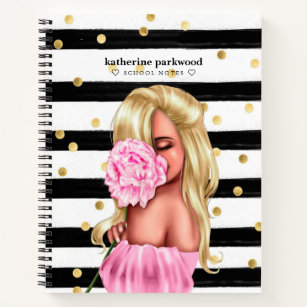 Black Gold Confetti Stippen Blonde Girl Pink Flora Notitieboek