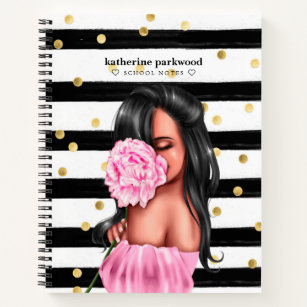 Black Gold Confetti Stippen Brunette Girl Pink Flo Notitieboek