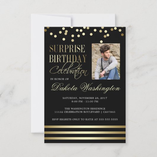 Black Gold Confetti Stripe Photo Surprise Birthday Kaart (Voorkant)