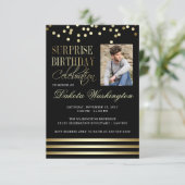 Black Gold Confetti Stripe Photo Surprise Birthday Kaart (Staand voorkant)