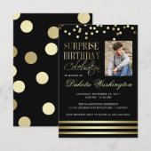 Black Gold Confetti Stripe Photo Surprise Birthday Kaart (Voorkant / Achterkant)