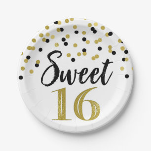 Black Gold Confetti Sweet 16 Birthday Party Papieren Bordje