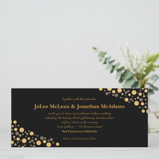 Black & Gold Confetti Wedding Party Kaart (Staand voorkant)
