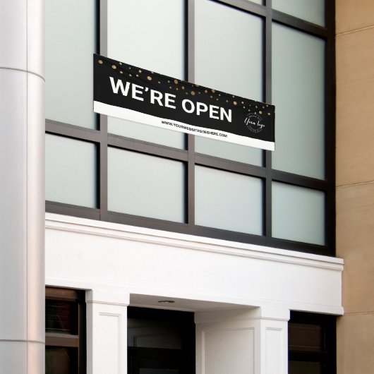 BLACK Gold confetti Wij zijn open voor zaken Spandoek (Buitenkant Gebouw)