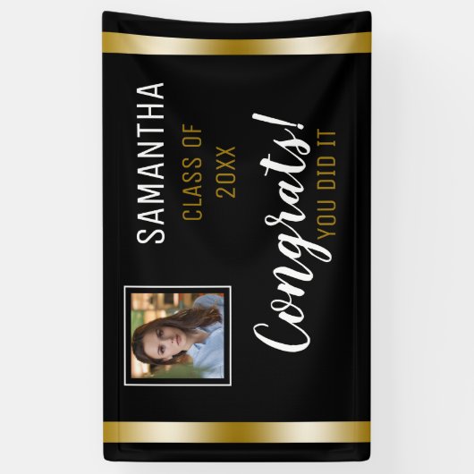 Black Gold Congrats Afstuderen Foto-Afstuderen Spandoek (Verticaal)