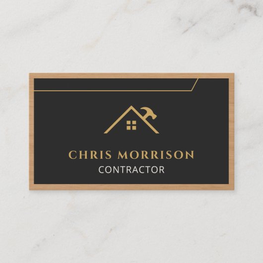 Black Gold Contractor Construction Wood QR Code Visitekaartje (Voorkant)
