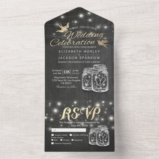 Black Gold Couple Mason Jars String Lights Wedding All In One Uitnodiging (Binnen)