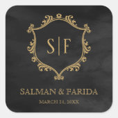 Black Gold Crest Monogram Weddenschap Vierkante Sticker (Voorkant)