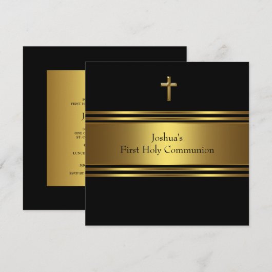 Black Gold Cross Jongens Eerste Communie Kaart (Voorkant / Achterkant)