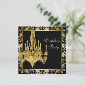 Black Gold Damask Chandelier Verjaardagsfeest Kaart (Staand voorkant)
