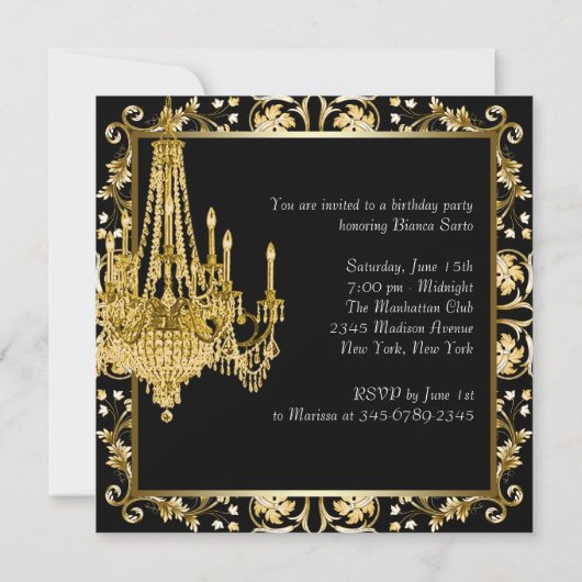 Black Gold Damask Chandelier Verjaardagsfeest Kaart (Achterkant)