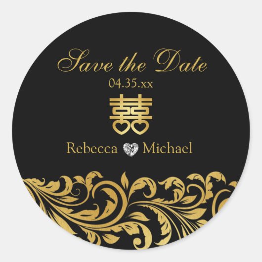 Black & Gold Damask, Chinees dubbel geluk Ronde Sticker (Voorkant)