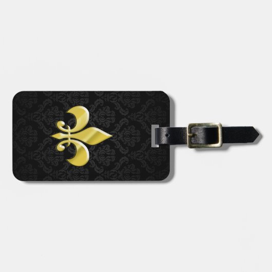 Black/Gold Damask Fleur de Lis Bagagelabel (Voorkant horizontaal)