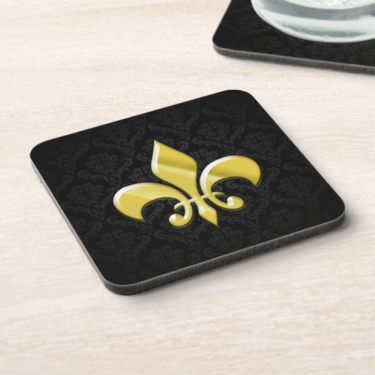 Black/Gold Damask Fleur de Lis Bier Onderzetter (Linkerzijde)