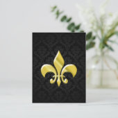 Black/Gold Damask Fleur de Lis Briefkaart (Staand voorkant)