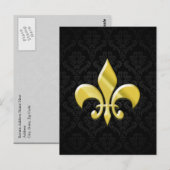 Black/Gold Damask Fleur de Lis Briefkaart (Voorkant / Achterkant)