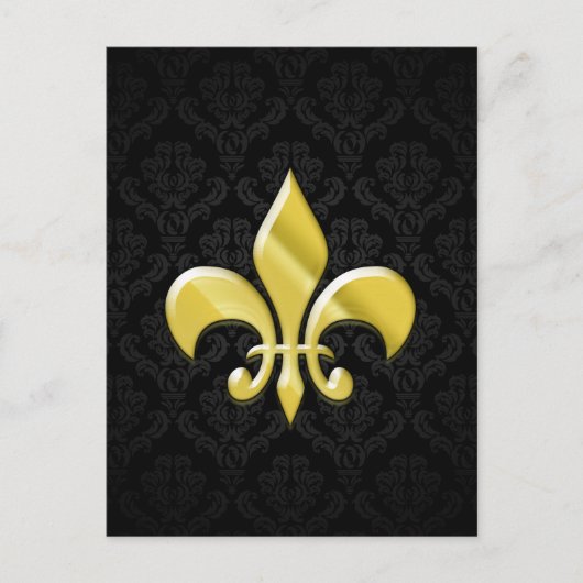 Black/Gold Damask Fleur de Lis Briefkaart (Voorkant)