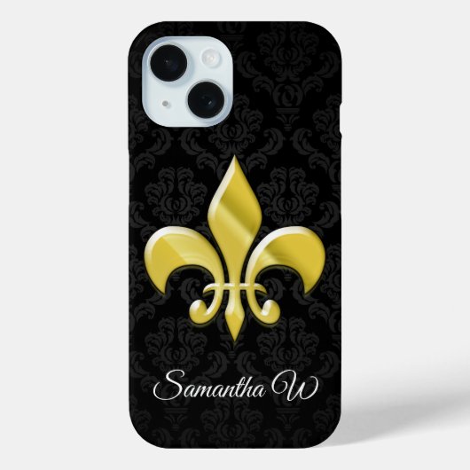 Black/Gold Damask Fleur de Lis Case-Mate iPhone Case (Achterkant)