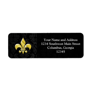 Black/Gold Damask Fleur de Lis Etiket