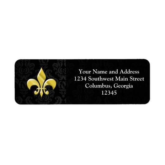 Black/Gold Damask Fleur de Lis Etiket (Voorkant)
