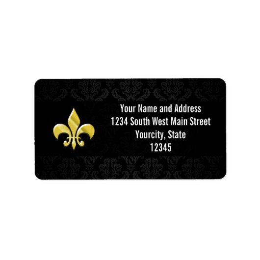 Black/Gold Damask Fleur de Lis Etiket (Voorkant)