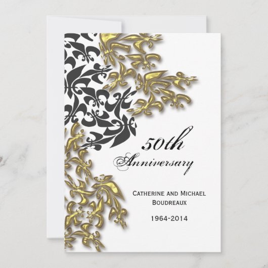 Black Gold Damask Fleur de Lis Jubileum Kaart (Voorkant)