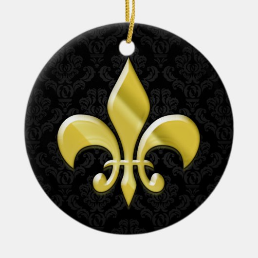 Black/Gold Damask Fleur de Lis Keramisch Ornament (Voorkant)