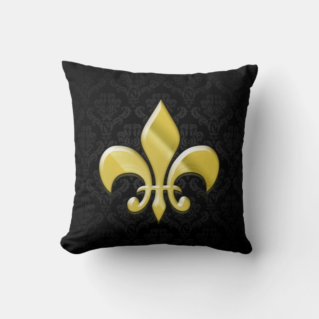 Black/Gold Damask Fleur de Lis Kussen (Voorkant)
