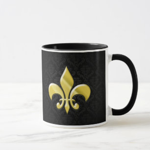 Black/Gold Damask Fleur de Lis Mok