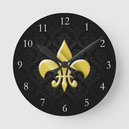 Black/Gold Damask Fleur de Lis Ronde Klok (Voorkant)
