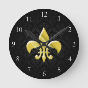 Black/Gold Damask Fleur de Lis Ronde Klok