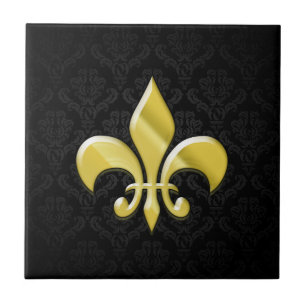 Black/Gold Damask Fleur de Lis Tegeltje