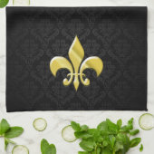 Black/Gold Damask Fleur de Lis Theedoek (Gevouwen)
