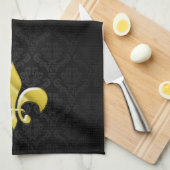 Black/Gold Damask Fleur de Lis Theedoek (Quarter Fold)