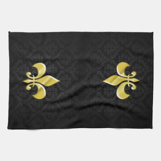 Black/Gold Damask Fleur de Lis Theedoek (Horizontaal)