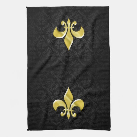 Black/Gold Damask Fleur de Lis Theedoek (Verticaal)