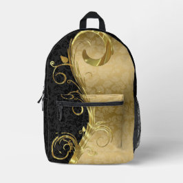 Black Gold Damask Gold Swirls Bedrukte Rugzak