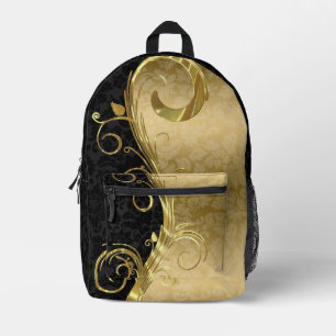 Black Gold Damask Gold Swirls Bedrukte Rugzak