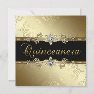Black Gold Damask Quinceanera Kaart