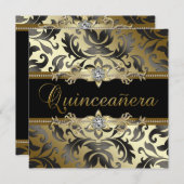 Black Gold Damask Quinceanera Uitnodigingen (Voorkant / Achterkant)