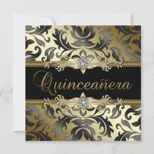 Black Gold Damask Quinceanera Uitnodigingen (Voorkant)