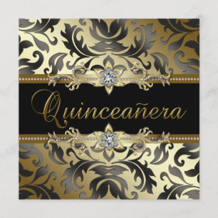 Black Gold Damask Quinceanera-uitnodigingen Kaart