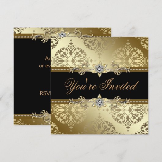 Black Gold Damask Stropdas Party Kaart (Voorkant / Achterkant)
