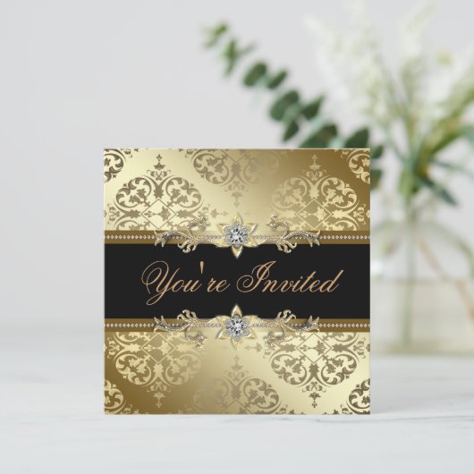 Black Gold Damask Stropdas Party Kaart (Staand voorkant)
