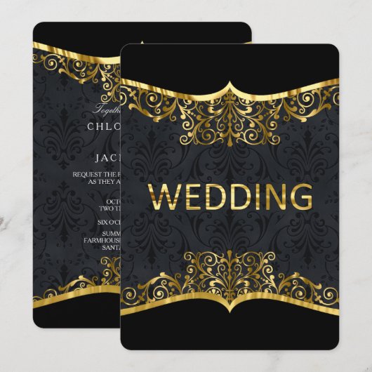 Black Gold Damask Wedding Elegant Invitation Front Kaart (Voorkant / Achterkant)